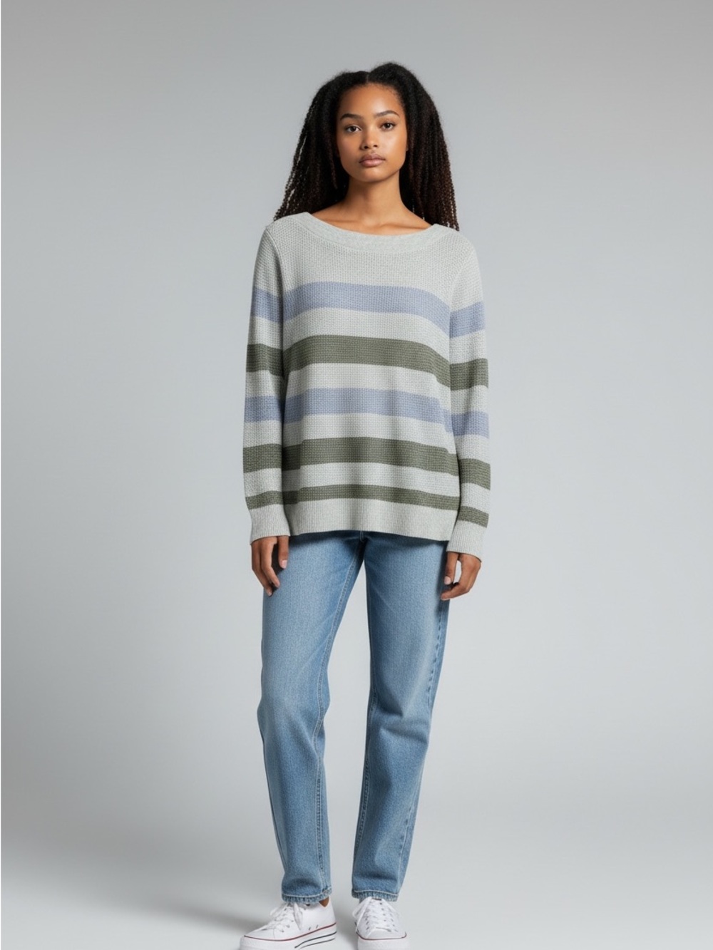 Market & Spruce Striped Crewneck Sweater in Light Gray, Pale Blue & Olive